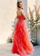 Adelaide | Coral Color Tulle Corset Backless Formal Dress - Coral - PromDressClub